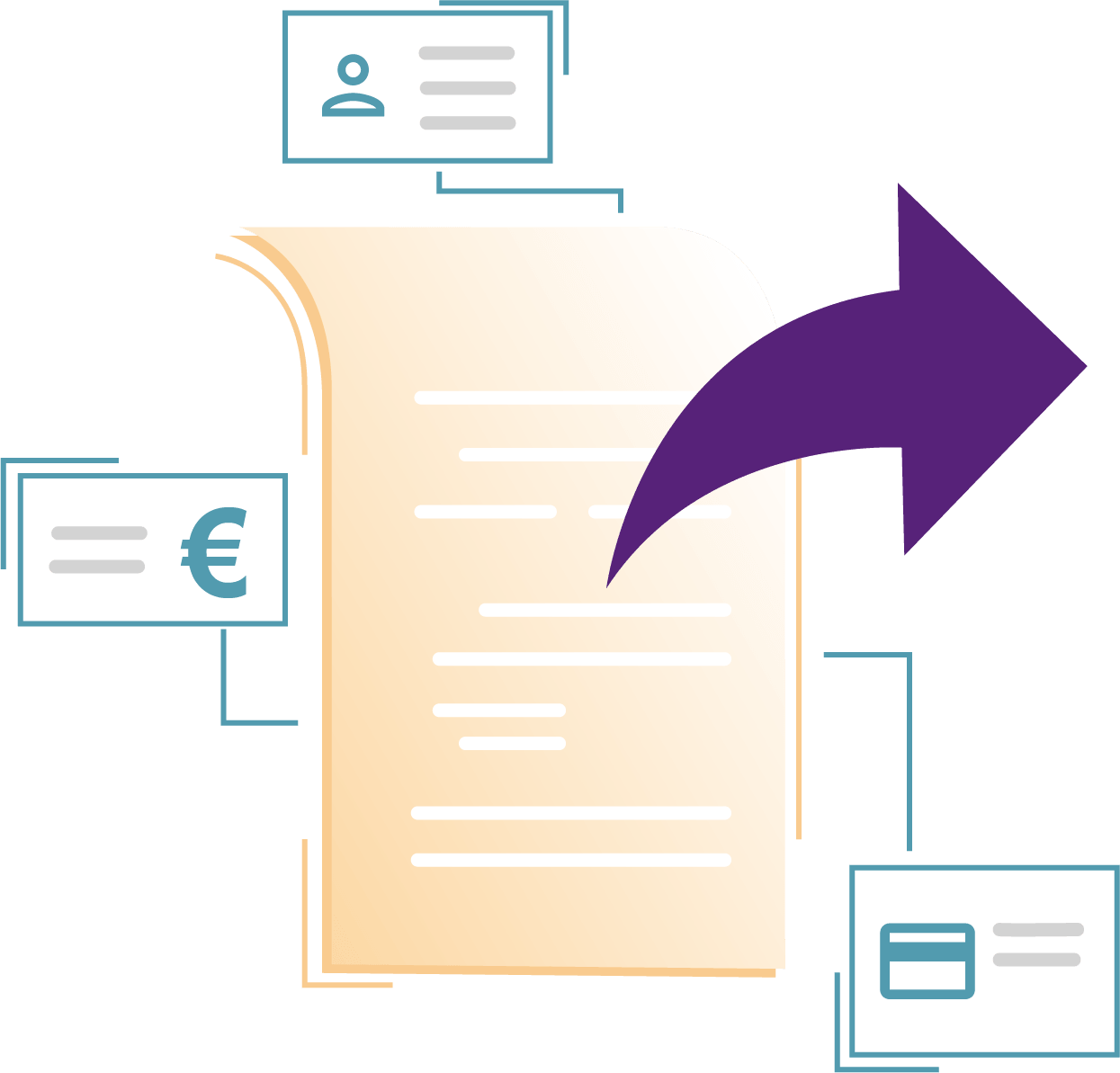 Illustrazione invio fattura: fattura gialla con freccia viola verso destra