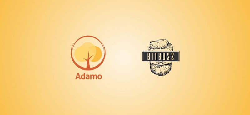 Logo Adamo e logo BitBoss su sfondo arancione