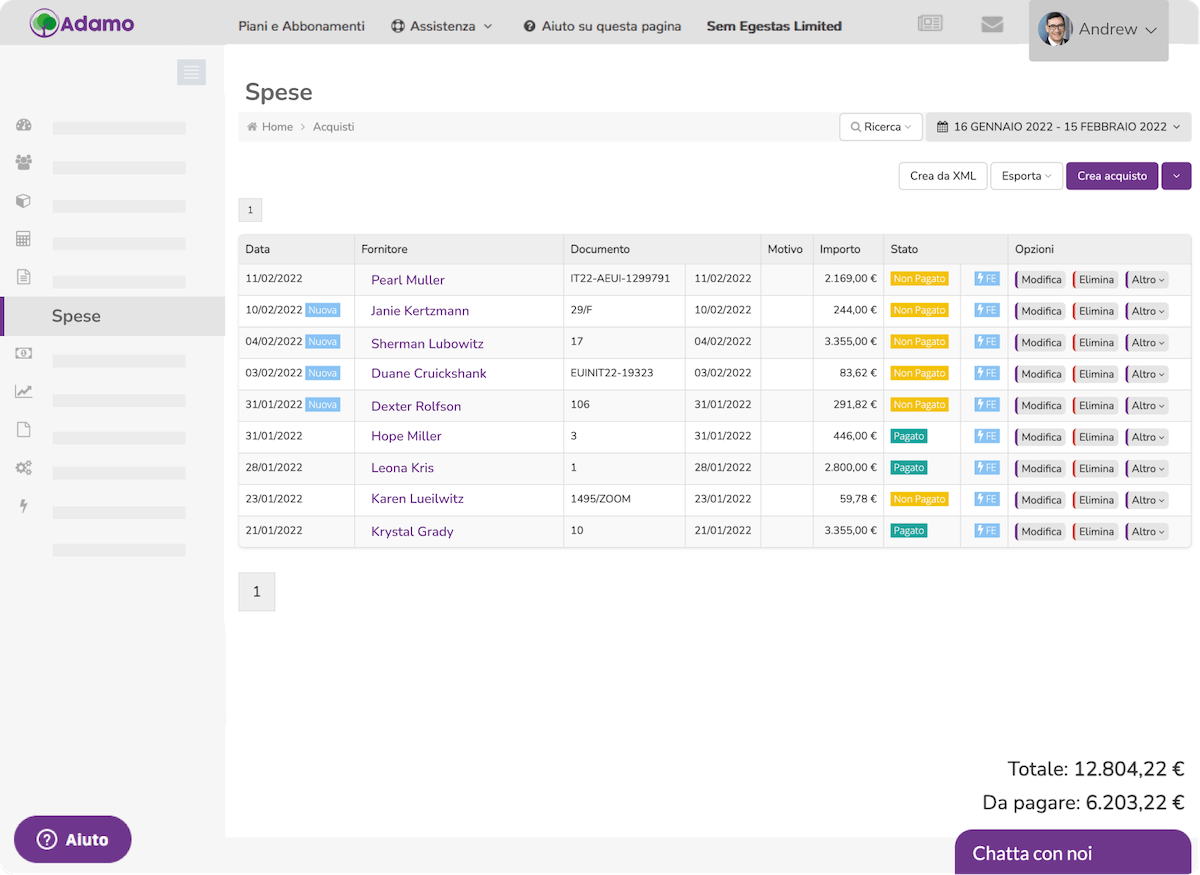 Dashboard Adamo: schermata Spese