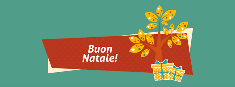 Auguri di Natale con illustrazione albero di Adamo addobbato su sfondo verde