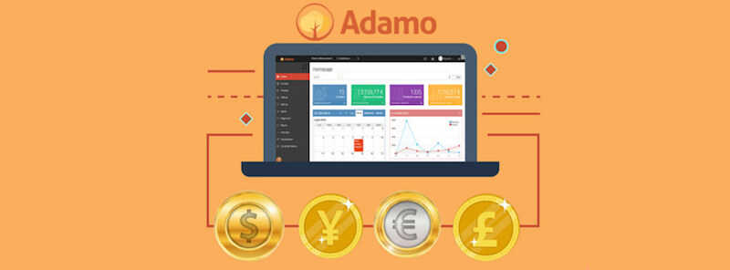 Pc con dashboard Adamo e icone valute su sfondo arancione
