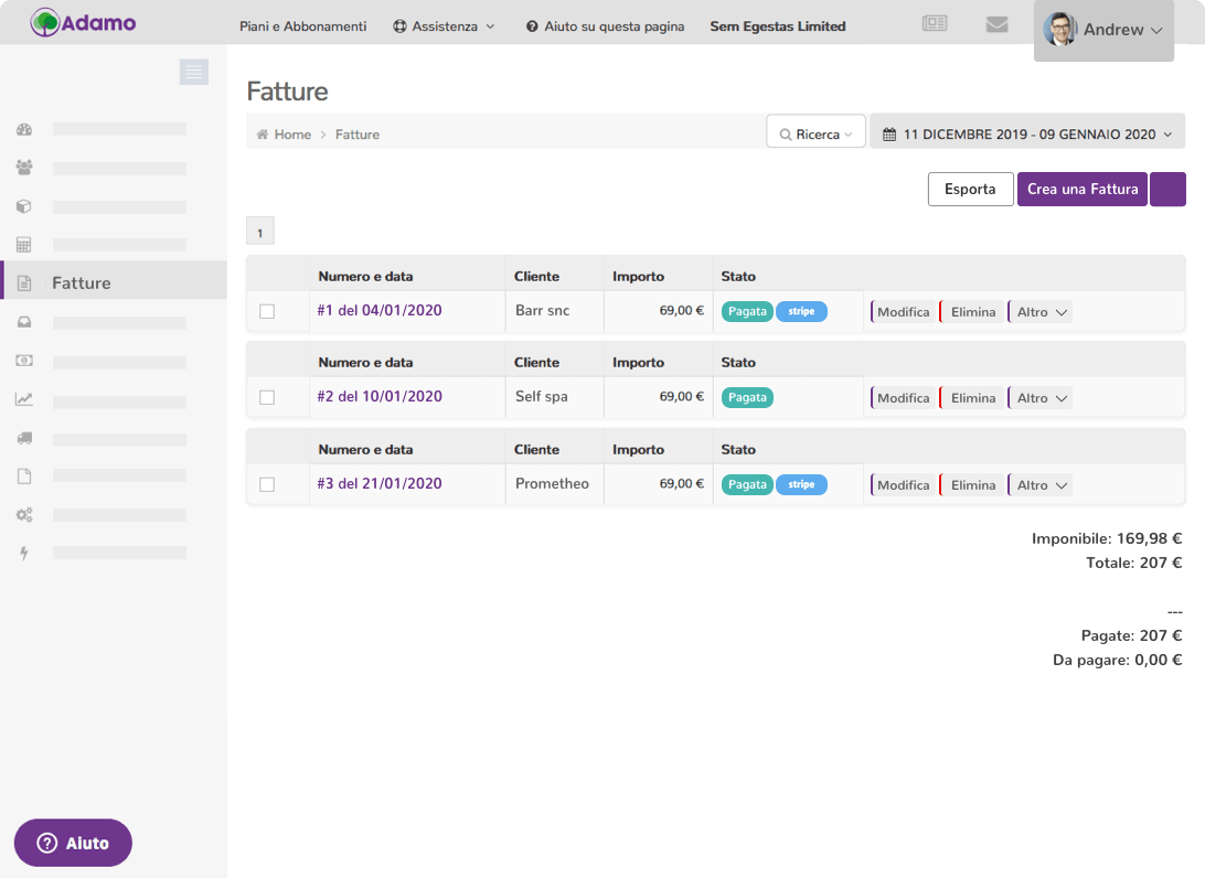 Dashboard Adamo: schermata Fatture