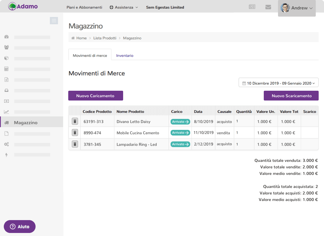 Dashboard Adamo: schermata Magazzino