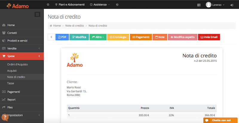 Dashboard Adamo: sezione Spese